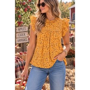 NWT LOFT Boho Floral Ruffle Peplum Top Mustard Cottagecore Modal Blouse Small
